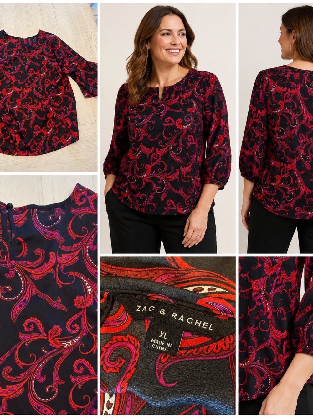 Zac & Rachel Black Blouse with Red & Pink Paisley Print